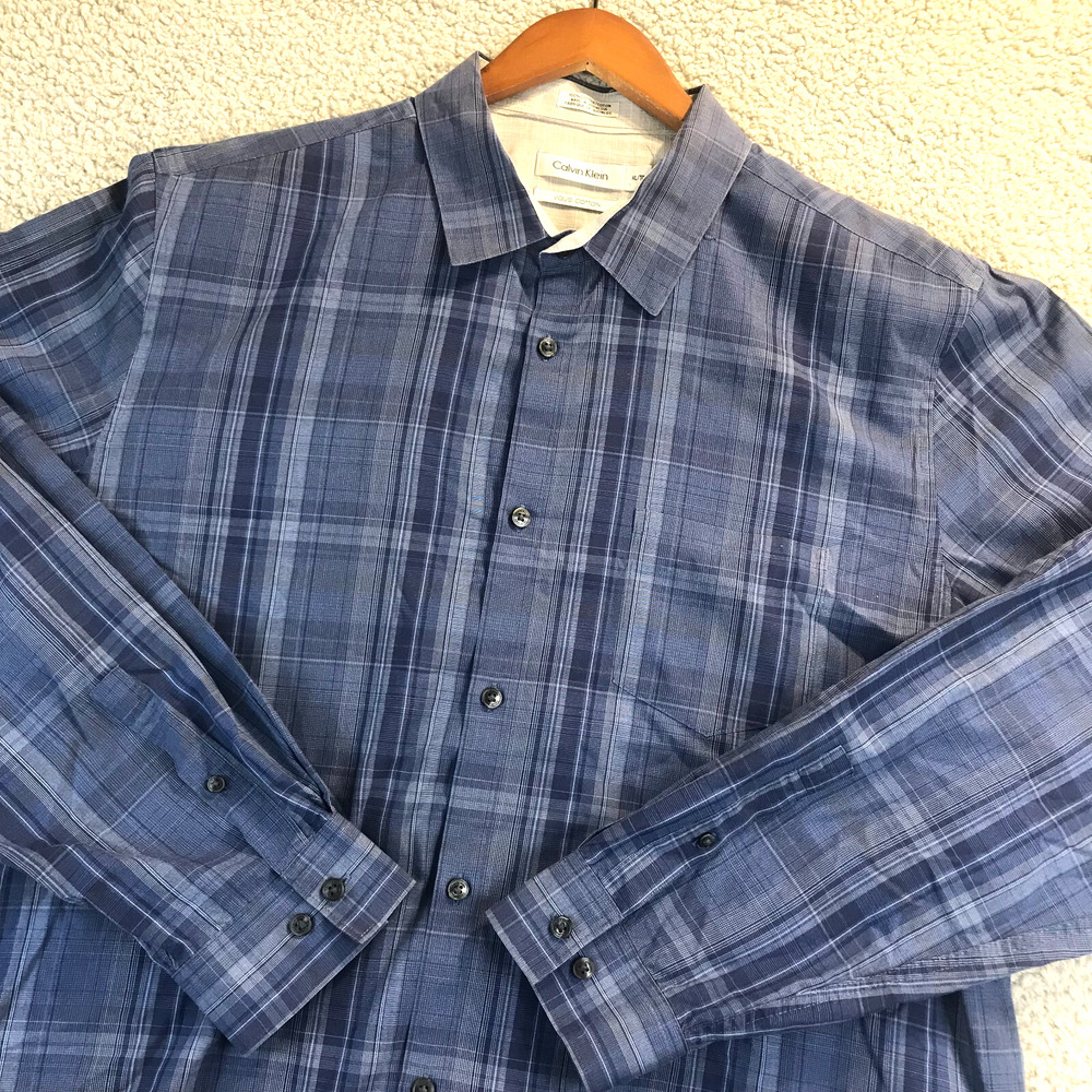 Calvin Klein Men's Long Sleeve Shirt Blue Plaid Liquid Cotton Dress Casual XL